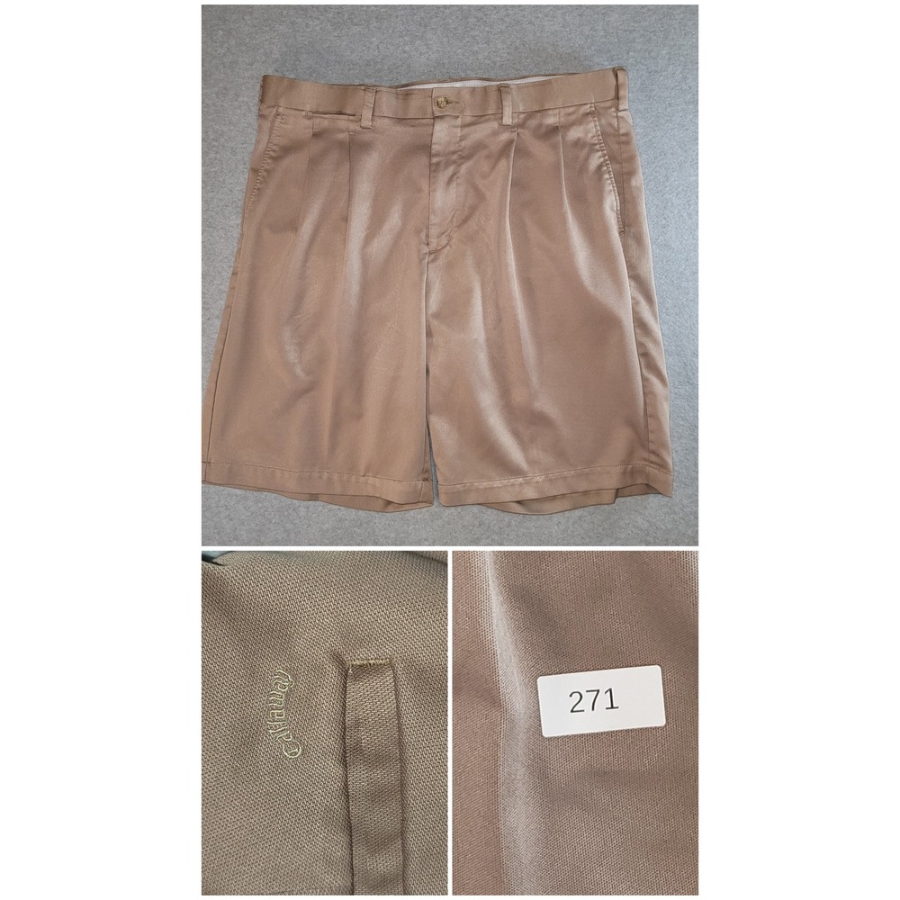 Callaway Mens Tan Khaki Pleated Golf Shorts Size 38 Performance Pique Knit